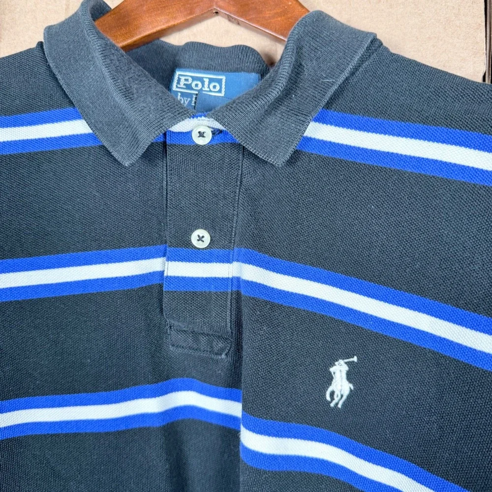 Polo Ralph Lauren Mens L Black Blue White Striped Short Sleeve Polo Shirt‎ L